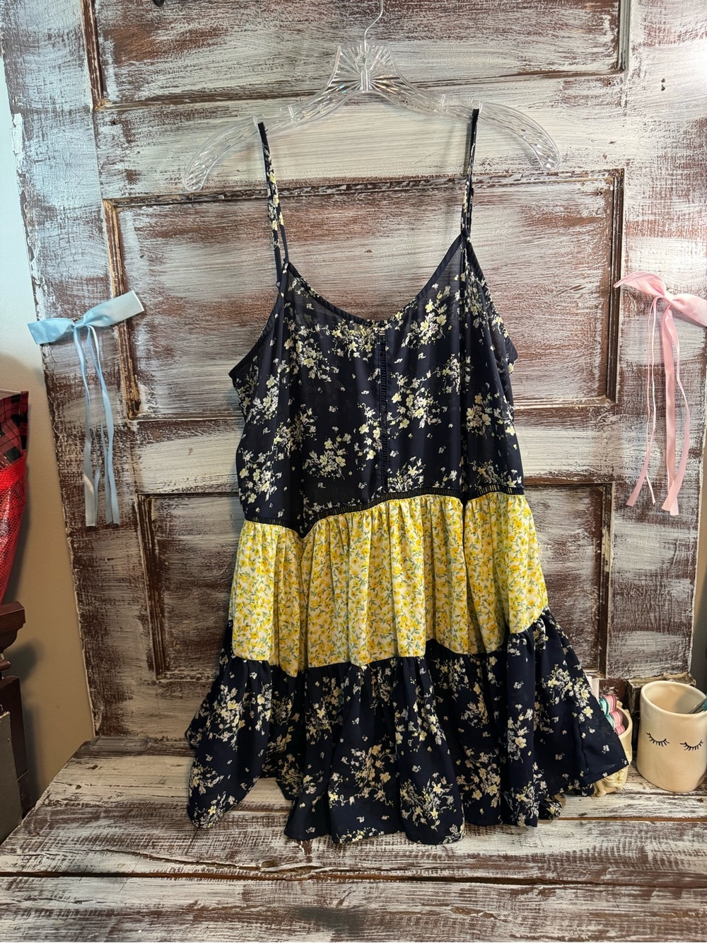Umgee Navy and Yellow Floral Tiered Spaghetti Strap Tunic